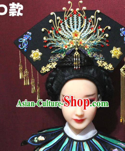 Chinese Ancient Qing Dynasty Queen Hair Jewelry Traditional Handmade Hairpins Hair Accessories Golden Tassel Phoenix Coronet Complete Set