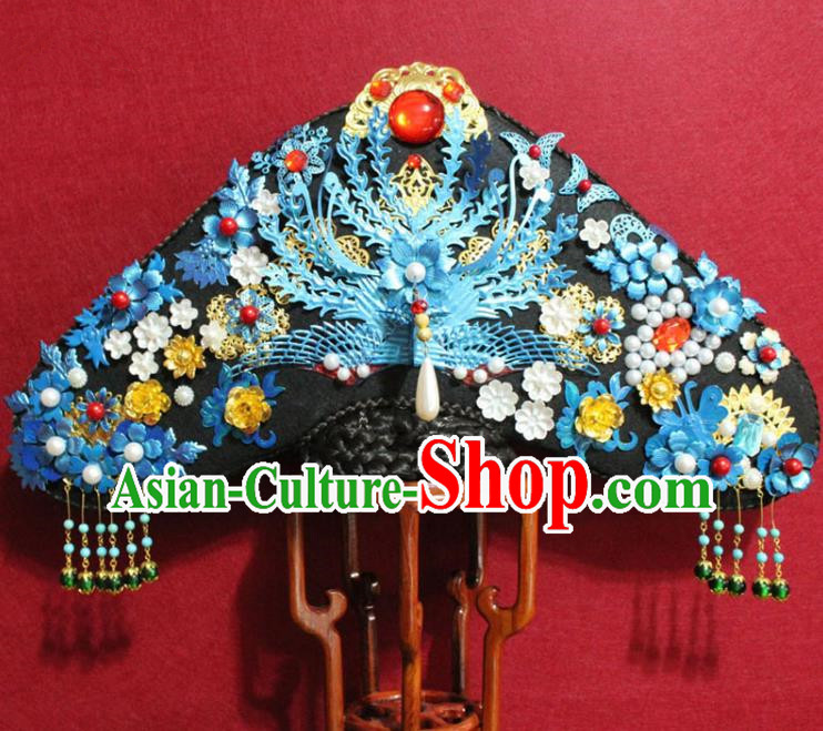 Chinese Ancient Qing Dynasty Queen Hair Jewelry Traditional Handmade Hairpins Hair Accessories Blueing Flowers Phoenix Coronet Complete Set