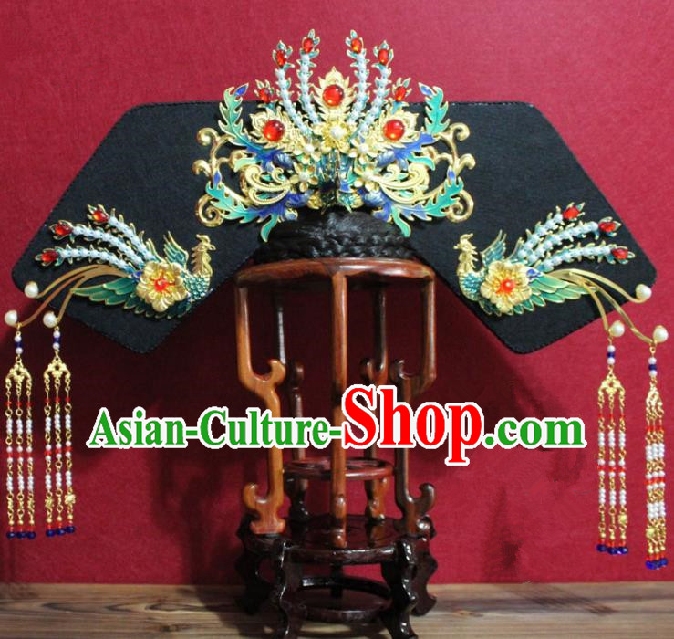 Chinese Ancient Qing Dynasty Queen Hair Jewelry Traditional Handmade Hairpins Hair Accessories Tassel Pearls Phoenix Coronet Complete Set