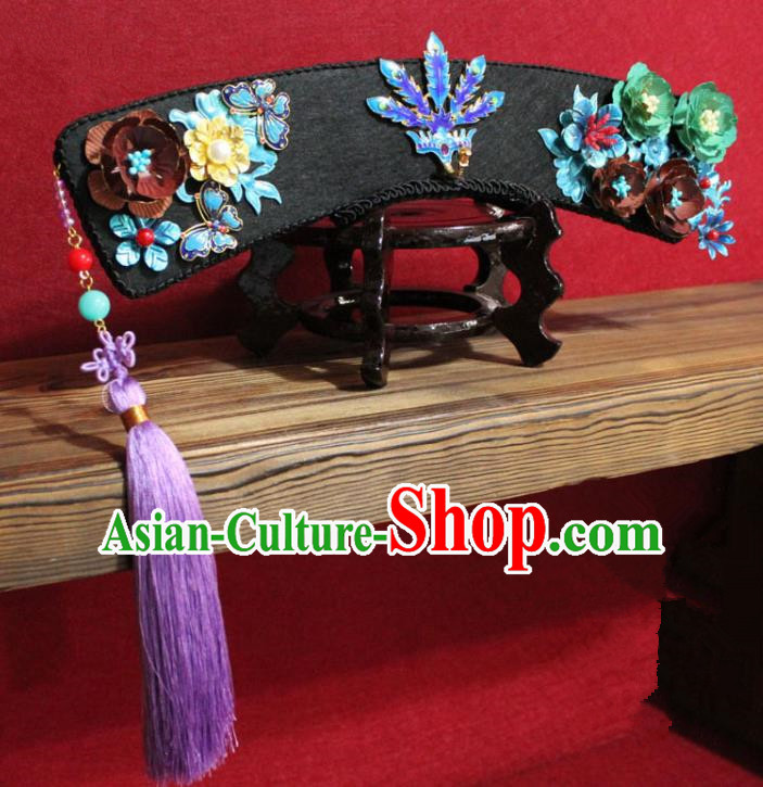 Chinese Ancient Imperial Consort Purple Tassel Cloisonne Phoenix Coronet Hair Jewelry Traditional Handmade Hairpins Qing Dynasty Queen Hair Accessories Complete Set