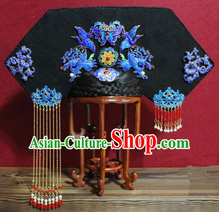 Chinese Ancient Imperial Consort Cloisonne Phoenix Coronet Hair Jewelry Traditional Handmade Hairpins Qing Dynasty Queen Hair Accessories Complete Set