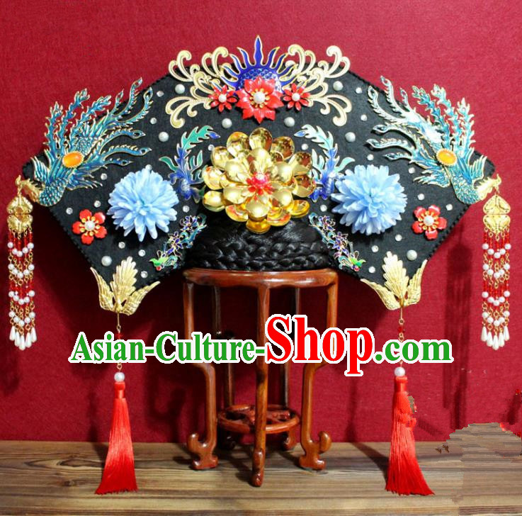 Chinese Ancient Imperial Consort Blueing Phoenix Coronet Hair Jewelry Traditional Handmade Hairpins Qing Dynasty Queen Hair Accessories Complete Set