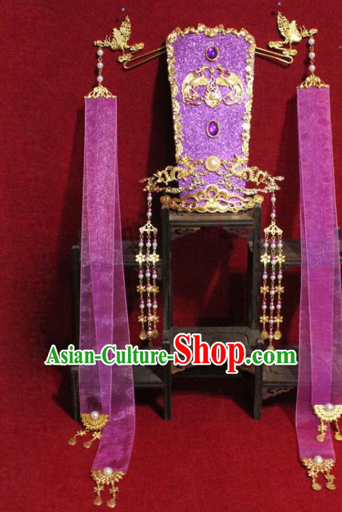 Traditional Chinese Ancient Female Official Purple Ribbon Hair Crown Handmade Hair Jewelry Taoist Nun Hairpins Hair Accessories for Women