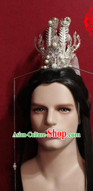 Traditional Chinese Ancient Prince Argent Hairdo Crown Handmade Ming Dynasty Noble Childe Ribbon Hair Accessories for Men