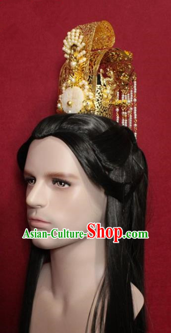 Traditional Chinese Ancient Prince Jade Hairdo Crown and Hairpin Handmade Ming Dynasty Noble Childe Pearls Tassel Hair Accessories for Men