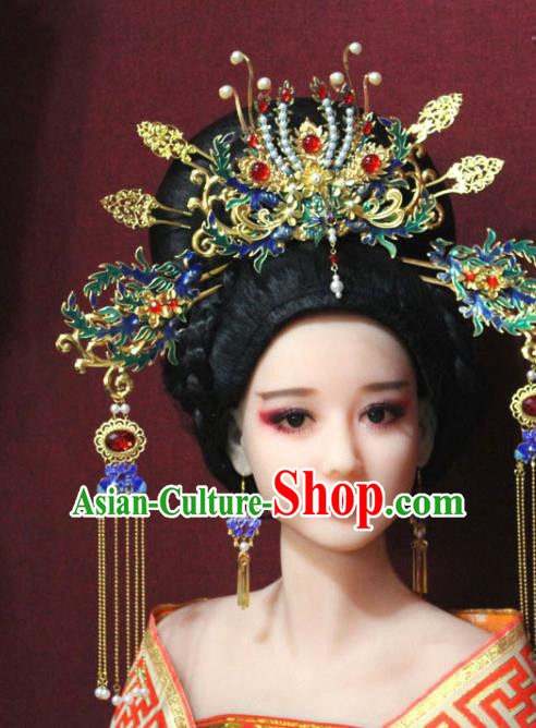 Chinese Ancient Imperial Consort Blueing Phoenix Coronet Hair Jewelry Traditional Handmade Tassel Hairpins Ming Dynasty Queen Hair Accessories Complete Set