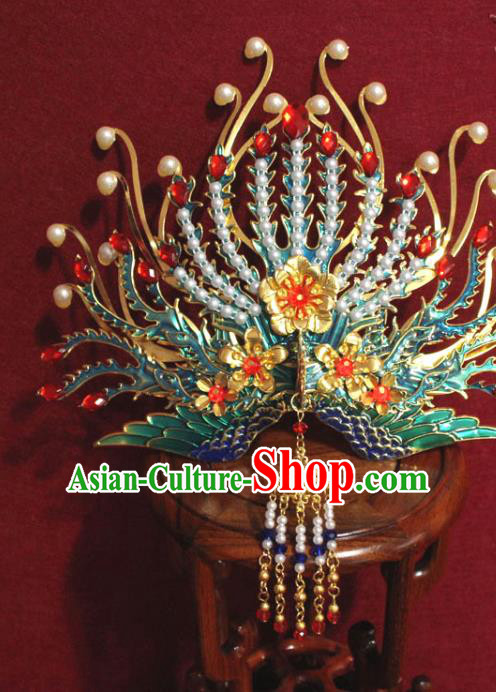 Traditional Chinese Handmade Blueing Phoenix Hairpins Ancient Ming Dynasty Imperial Consort Hair Accessories Hair Crown for Women