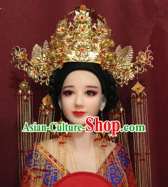 Chinese Ancient Imperial Consort Golden Flowers Phoenix Coronet Hair Jewelry Traditional Handmade Tassel Hairpins Ming Dynasty Hair Accessories Complete Set