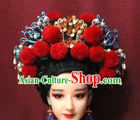 Chinese Ancient Imperial Consort Red Venonat Phoenix Coronet Hair Jewelry Traditional Handmade Hairpins Ming Dynasty Hair Accessories Complete Set