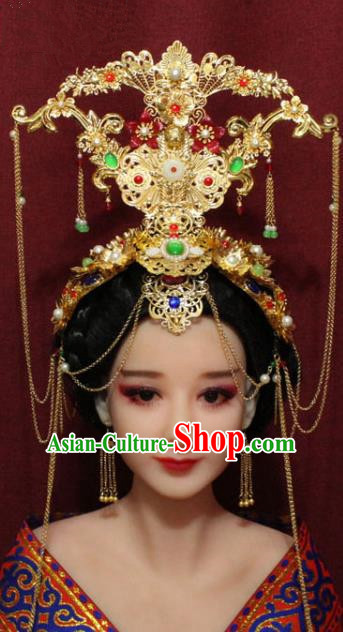 Chinese Ancient Imperial Consort Golden Phoenix Coronet Hair Jewelry Traditional Handmade Hairpins Hair Accessories Complete Set