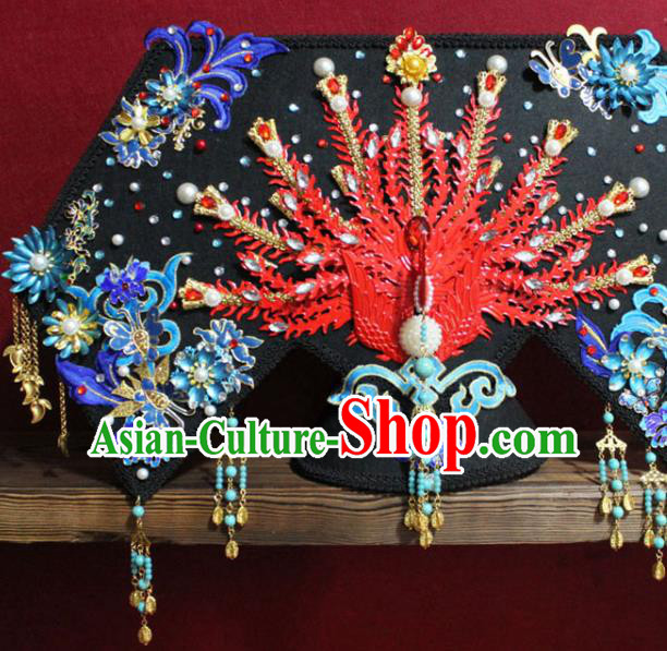 Chinese Ancient Imperial Consort Red Phoenix Coronet Hair Jewelry Traditional Handmade Hairpins Qing Dynasty Queen Hair Accessories Complete Set