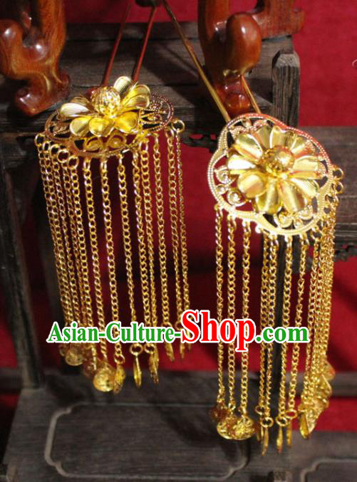 Traditional Chinese Handmade Golden Flower Hair Clip Ancient Queen Tassel Hairpin Hair Accessories for Women