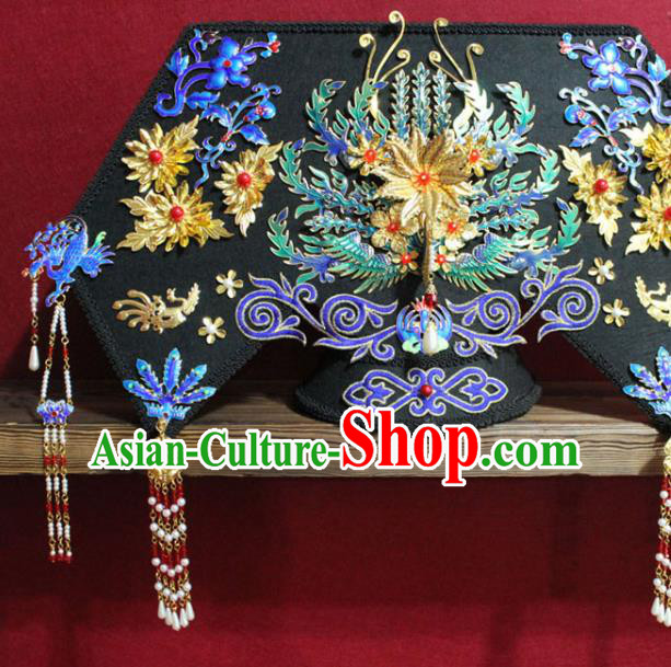 Chinese Ancient Imperial Consort Cloisonne Phoenix Coronet Hair Jewelry Traditional Handmade Hairpins Qing Dynasty Queen Hair Accessories Complete Set