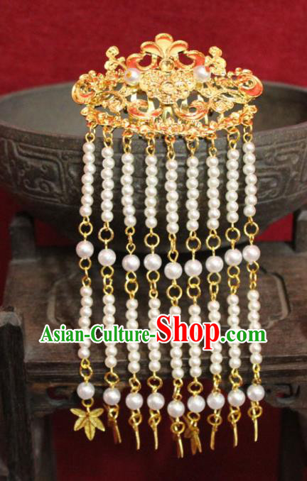 Traditional Chinese Handmade Pearls Tassel Hair Clip Ancient Queen Golden Hairpin Hair Accessories for Women