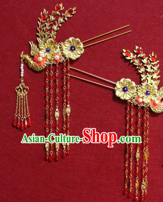 Traditional Chinese Handmade Golden Phoenix Tassel Hair Clip Ancient Queen Hairpin Hair Accessories for Women