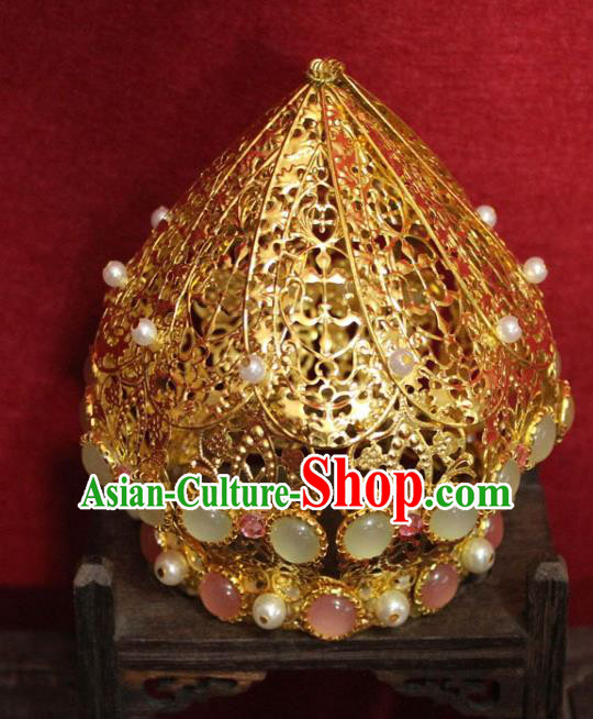 Traditional Chinese Handmade Chalcedony Hair Crown Ancient Queen Golden Phoenix Coronet Gems Hair Accessories for Women