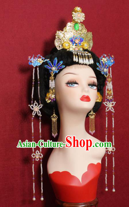 Traditional Chinese Ancient Queen Cloisonne Phoenix Coronet Hair Crown Handmade Hair Jewelry Hairpins Golden Hair Accessories for Women