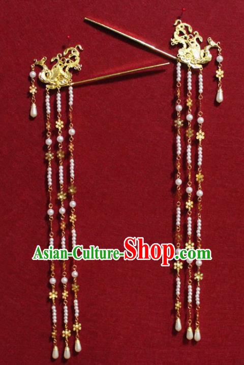 Traditional Chinese Handmade Golden Phoenix Hair Clips Ancient Queen Pearls Tassel Hairpin Hair Accessories for Women