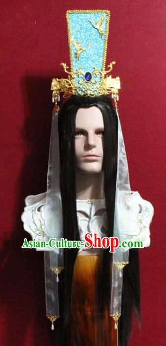 Traditional Chinese Handmade Ming Dynasty Prince Light Blue Hair Crown Ancient Noble Childe Hair Accessories for Men