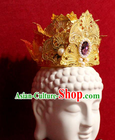 Traditional Chinese Handmade Buddhist Statues Purple Crystal Hair Crown Golden Lotus Hair Accessories