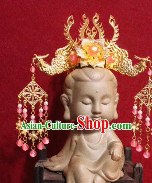 Traditional Chinese Handmade Buddhist Statues Golden Phoenix Hair Crown Tassel Hair Accessories