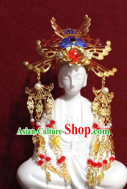 Traditional Chinese Handmade Buddhist Statues Cloisonne Lotus Phoenix Hair Crown Golden Tassel Hair Accessories