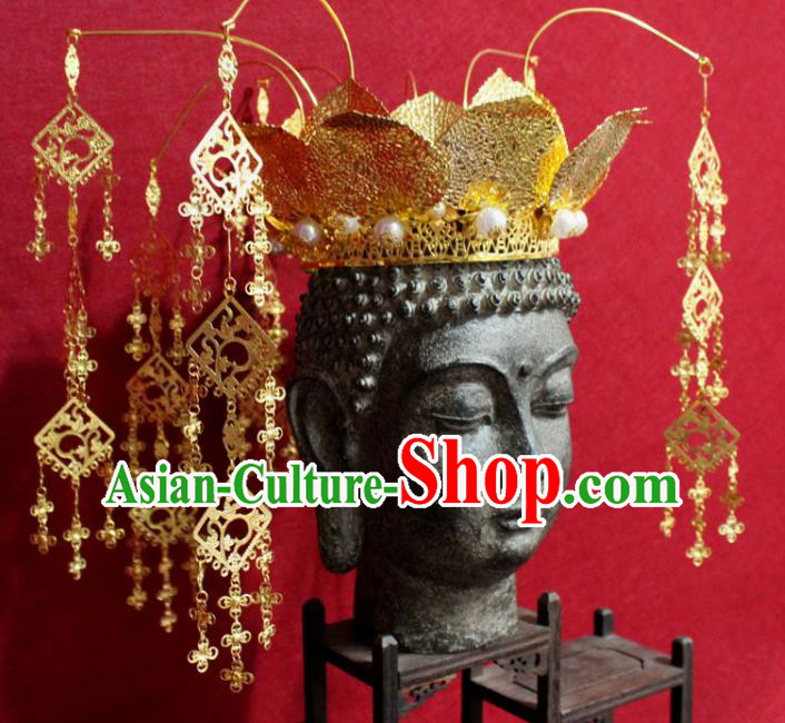Traditional Chinese Handmade Buddhist Statues Phoenix Hair Crown Golden Lotus Tassel Hair Accessories