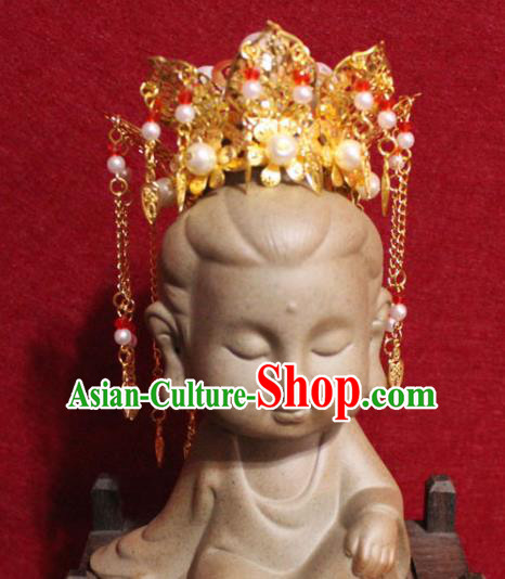 Traditional Chinese Handmade Buddhist Statues Phoenix Hair Crown Golden Tassel Hair Accessories