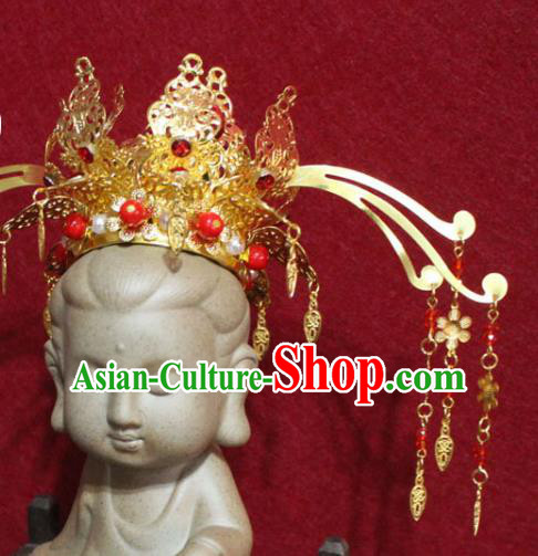 Traditional Chinese Handmade Buddhist Statues Phoenix Hair Crown Red Crystal Hair Accessories