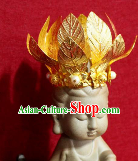 Traditional Chinese Handmade Golden Leaf Hair Crown Buddhist Statues Hair Accessories Headwear