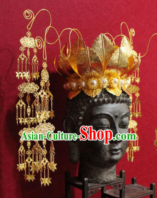 Traditional Chinese Handmade Golden Lotus Hair Crown Buddhist Statues Tassel Hairpins Hair Accessories Headwear