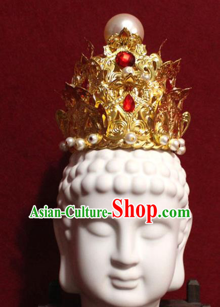 Traditional Chinese Handmade Golden Hair Crown Buddhist Statues Red Crystal Hairpins Hair Accessories Headwear