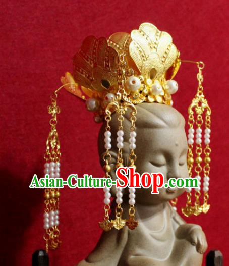 Traditional Chinese Handmade Beads Tassel Hair Crown Buddhist Statues Hairpins Golden Hair Accessories Headwear