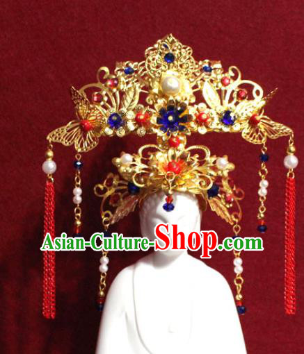 Traditional Chinese Handmade Tassel Hair Crown Buddhist Statues Blue Flowers Hairpins Golden Hair Accessories Headwear