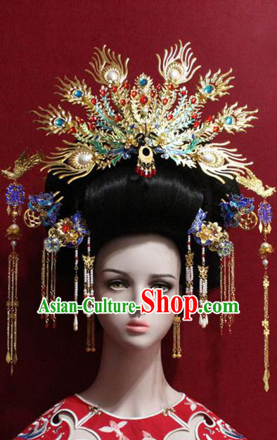 Traditional Chinese Ancient Queen Phoenix Coronet Handmade Hair Jewelry Cloisonne Hairpins Hair Accessories Complete Set