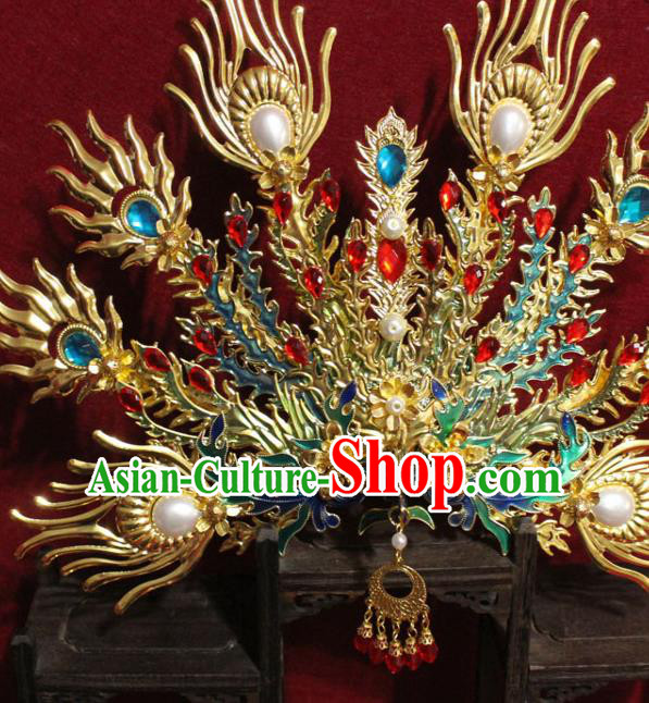 Traditional Chinese Handmade Cloisonne Phoenix Hair Crown Golden Hairpins Hair Accessories Headwear for Women