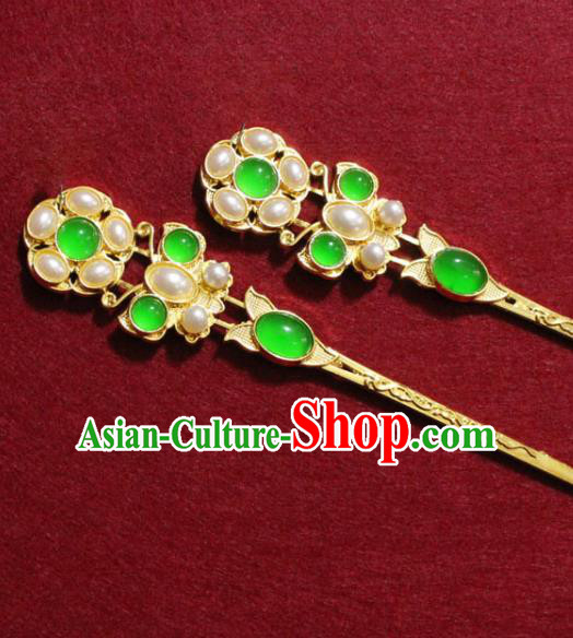 Traditional Chinese Handmade Pearls Hair Clip Ancient Queen Hair Accessories Chrysoprase Hairpins Headwear for Women