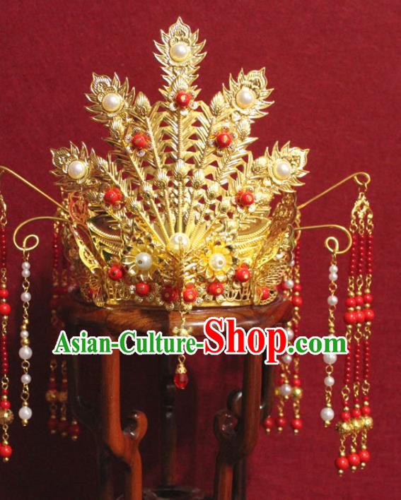 Traditional Chinese Handmade Golden Phoenix Hair Crown Ancient Queen Hairpin Hair Accessories for Women