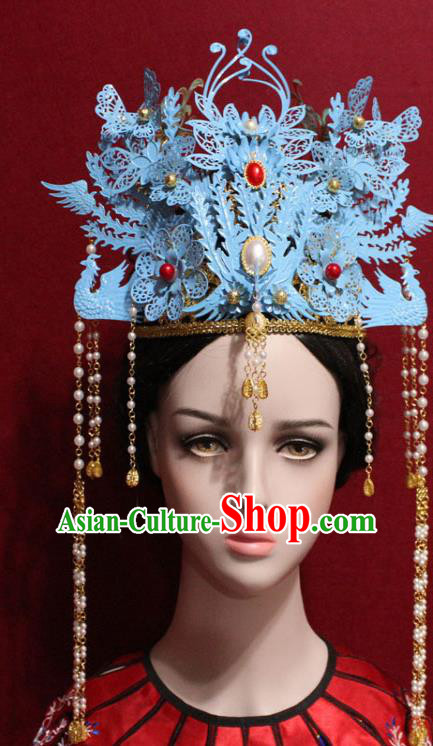 Traditional Chinese Ancient Qing Dynasty Imperial Consort Blue Phoenix Coronet Handmade Hair Jewelry Hair Accessories Complete Set