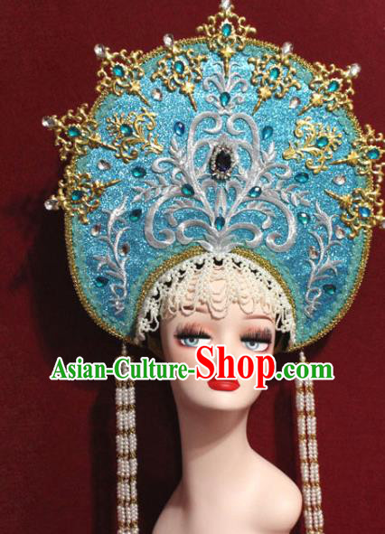 Traditional Chinese Ancient Queen Blue Phoenix Coronet Handmade Hair Jewelry Tassel Hair Accessories Complete Set