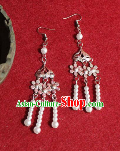 Traditional Chinese Ancient Princess Argent Flowers Earrings Handmade Jewelry Accessories Beads Tassel Eardrop for Women