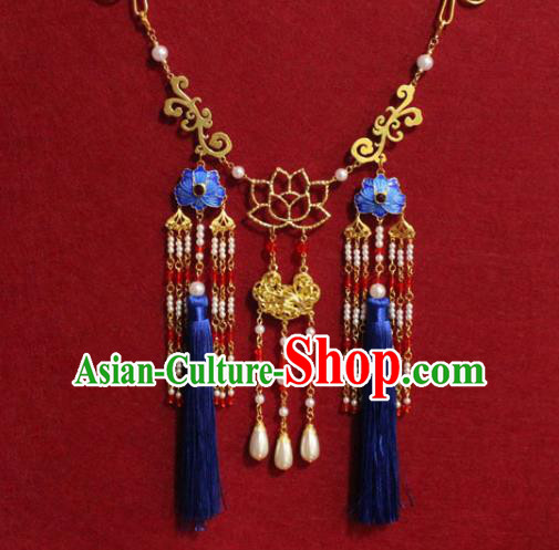 Traditional Chinese Ancient Princess Royalblue Tassel Necklace Handmade Jewelry Accessories Cloisonne Necklet for Women