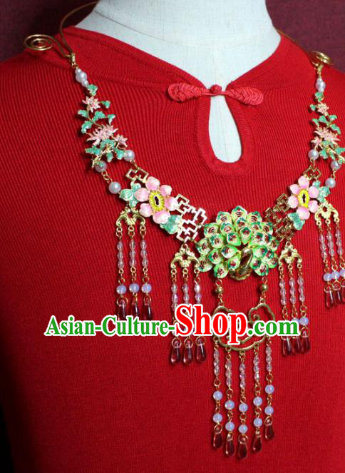 Traditional Chinese Ancient Princess Pink Beads Tassel Necklace Handmade Jewelry Accessories Cloisonne Peacock Necklet for Women