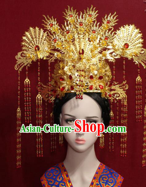 Traditional Chinese Ancient Queen Golden Phoenix Coronet Handmade Hair Jewelry Tassel Hairpins Hair Accessories Complete Set