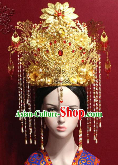 Traditional Chinese Ancient Queen Pearls Tassel Phoenix Coronet Handmade Hair Jewelry Hairpins Golden Hair Accessories Complete Set