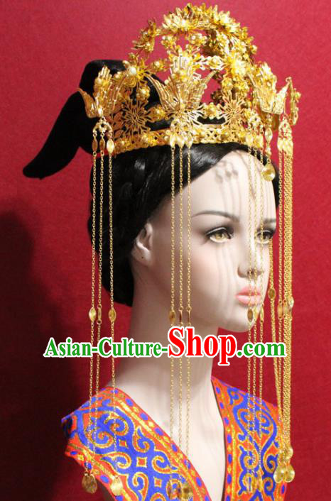 Traditional Chinese Ancient Queen Golden Tassel Phoenix Coronet Handmade Hair Jewelry Hairpins Hair Accessories Complete Set