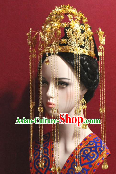 Traditional Chinese Ancient Queen Golden Tassel Phoenix Coronet Handmade Hair Jewelry Hairpins Hair Accessories Complete Set