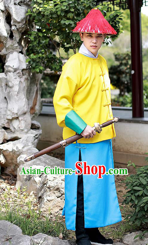 Chinese Traditional Qing Dynasty Imperial Bodyguard Hanfu Clothing Ancient Drama Court Swordsman Garment Historical Costumes and Hat Complete Set