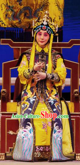 Chinese Beijing Opera Queen Mother Cixi Apparels Costumes and Headdress Xiang Jiuxiao Traditional Peking Opera Qing Dynasty Empress Dowager Dress Garment