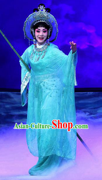 Chinese Beijing Opera Fisher Maiden Ma Zu Apparels Costumes and Headdress Traditional Peking Opera Diva Lin Moniang Dress Garment